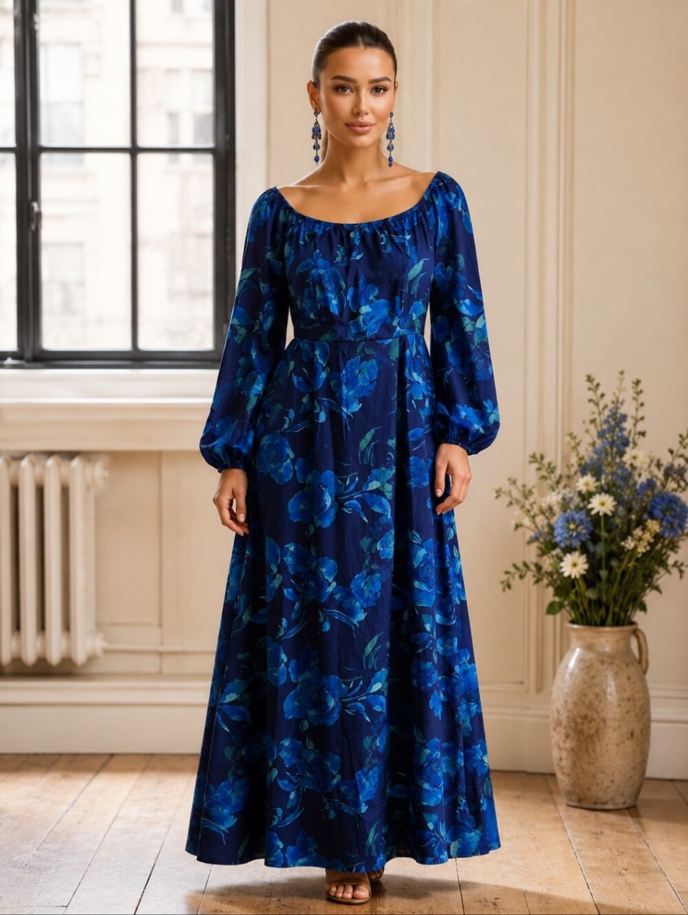 Blue Floral Cottagecore Maxi Dress Off Shoulder Smocked Back Empire Waist Boho